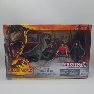 New Mattel Jurassic World Owen Grady & Velociraptor Blue Action Figure Toy Set